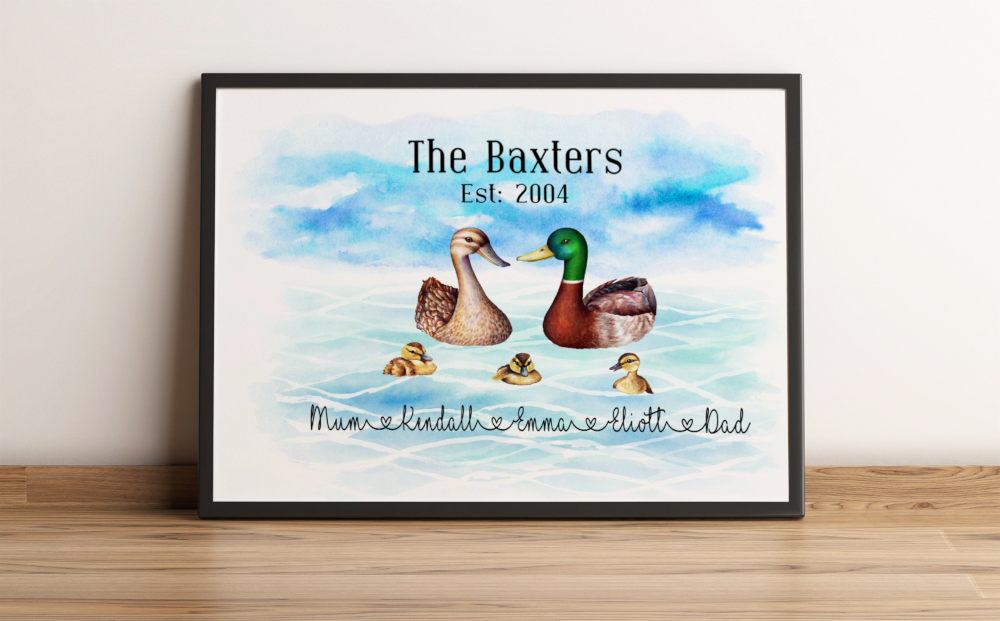 Duck Family Established A4 Print, Duck Family Custom Print